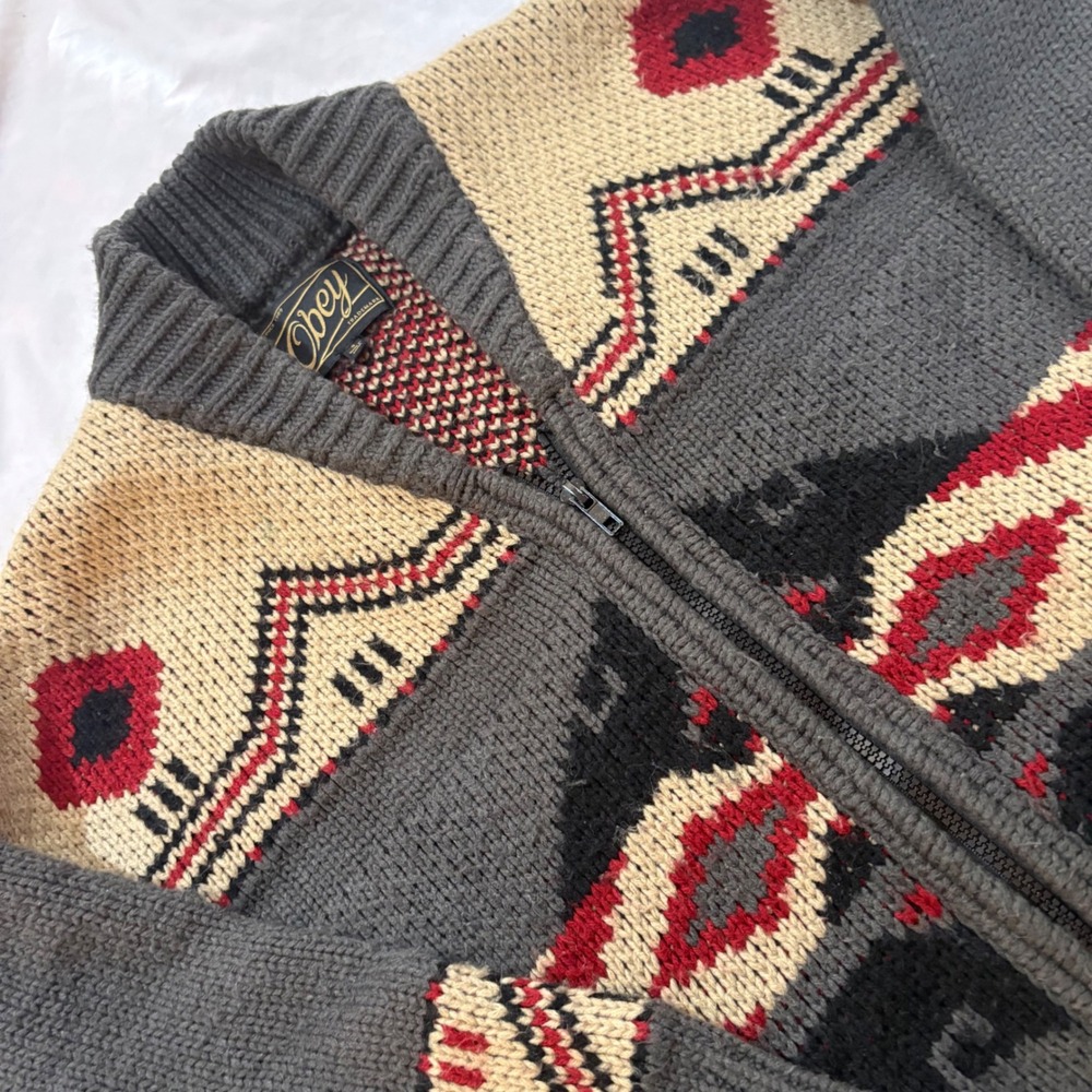 Obey Southwestern Geometric Full Zip Cardigan Sweater Grey Red Small